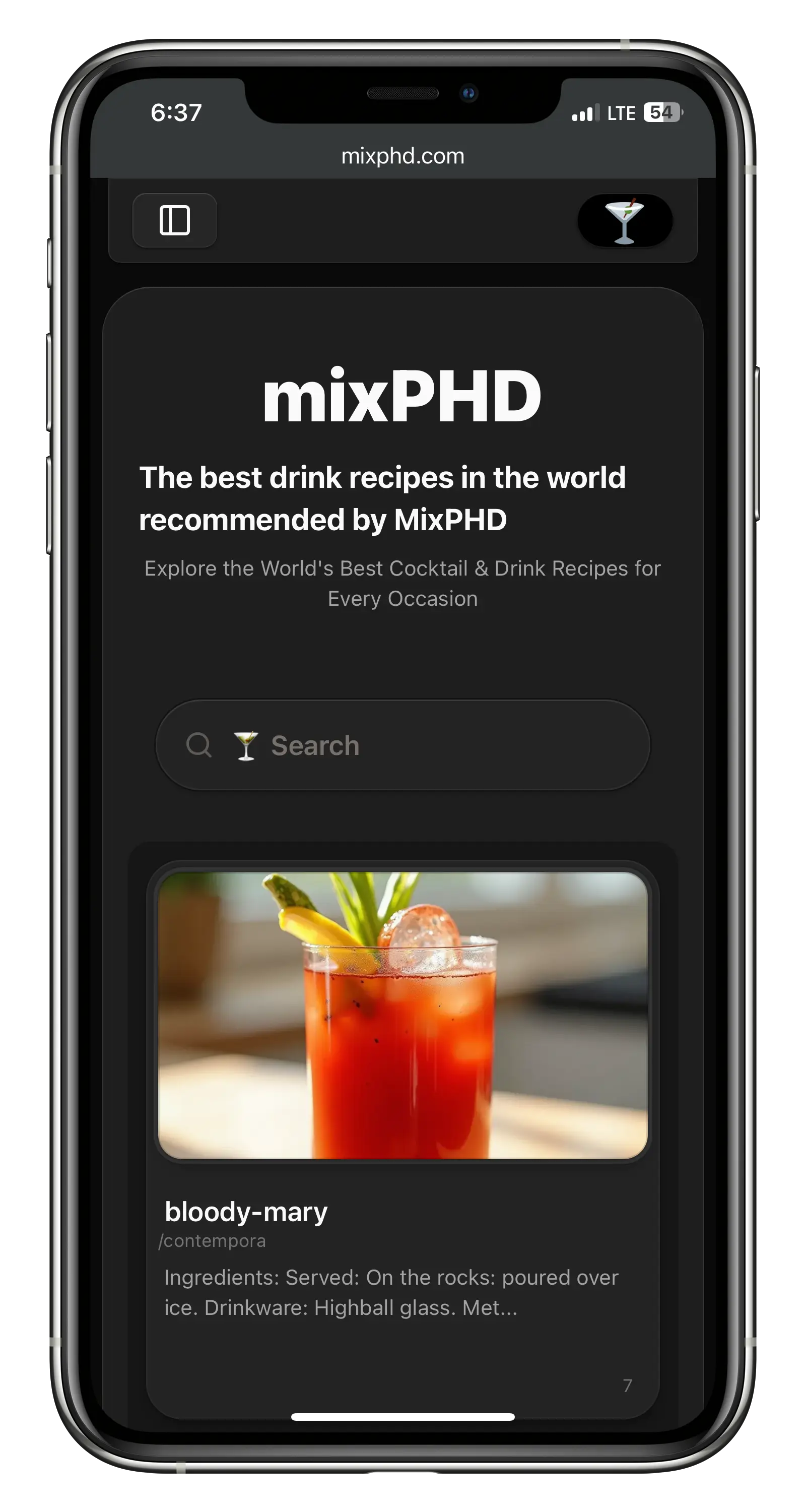 MixPHD drink discovery platform screenshot